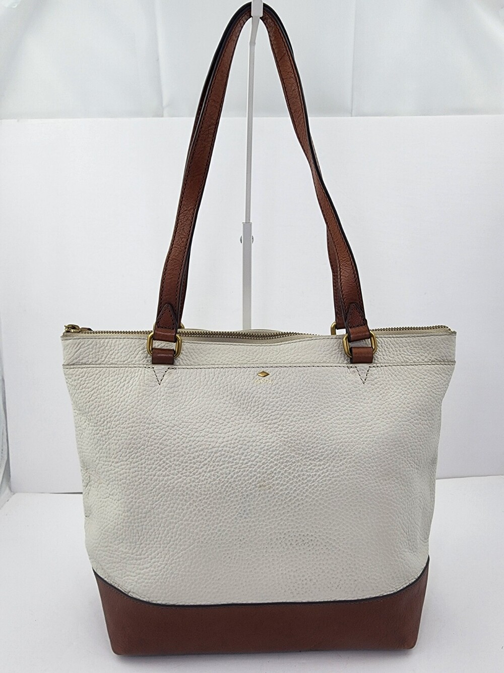 Fossil Outpost Used Ivory/Brown Pebbled Leather Tote Bag Large ZB6827 Travel